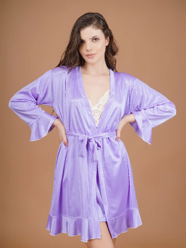 floral - printed women robes for a feminine touchLace Detailed Lavender Satin Babydoll and Robe