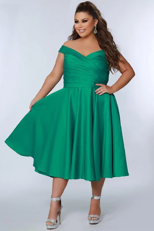 women sexy dresses with spaghetti strapsSydneys Closet CE2301 Plus Size Off Shoulder Tea Length Dress