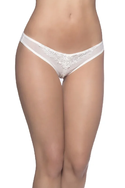 seamless beaded women thongs for a sophisticated designCrotchless Thong With Pearls and Venise Detail - White - 3x4x