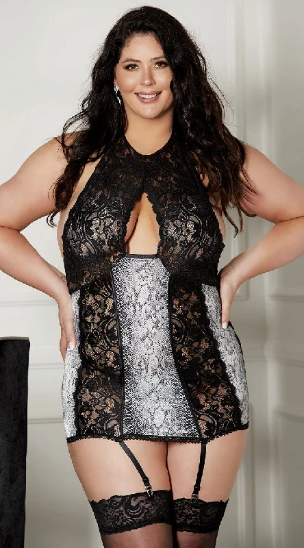 plus size women lounge dress for a flattering silhouettePlus Size Snake & Lace Garter Chemise