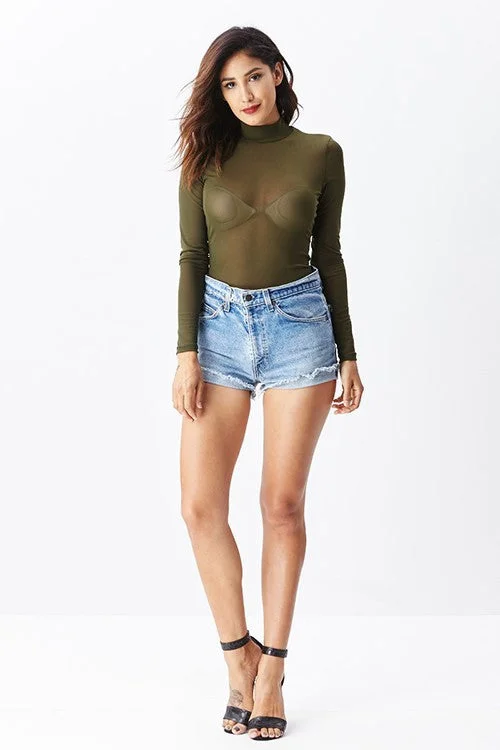 Plus - Size Bodysuits with a Comfortable and Flattering FitTHE MYSTYLEMODE OLIVE MESH TURTLENECK BODYSUIT