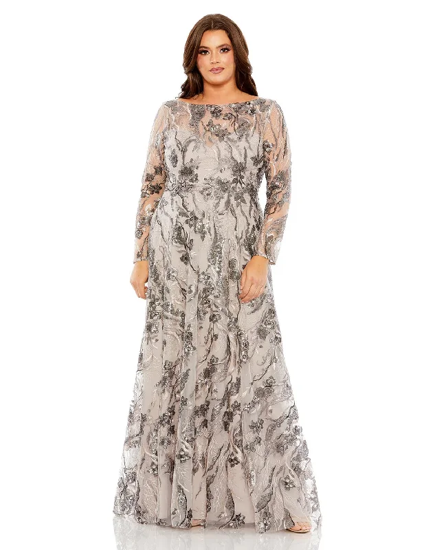 women sexy dresses for cabaret showsMac Duggal 68439 Long Embroidered Long Sleeve A Line Plus Size Dress