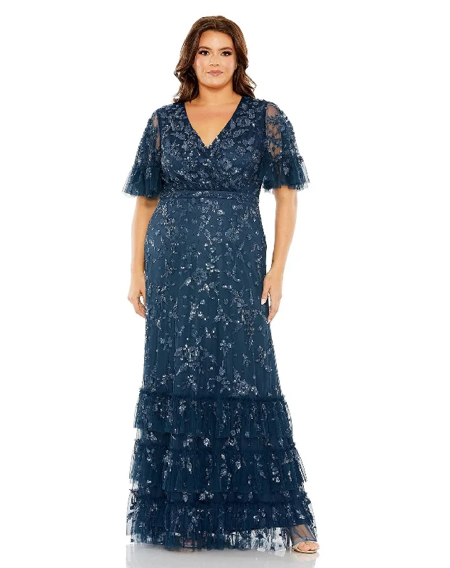 women sexy dresses with metallic accentsMac Duggal 9270 Long Sequin Embellished Flutter Sleeve Faux Wrap V Neck Tiered Plus Size Dress