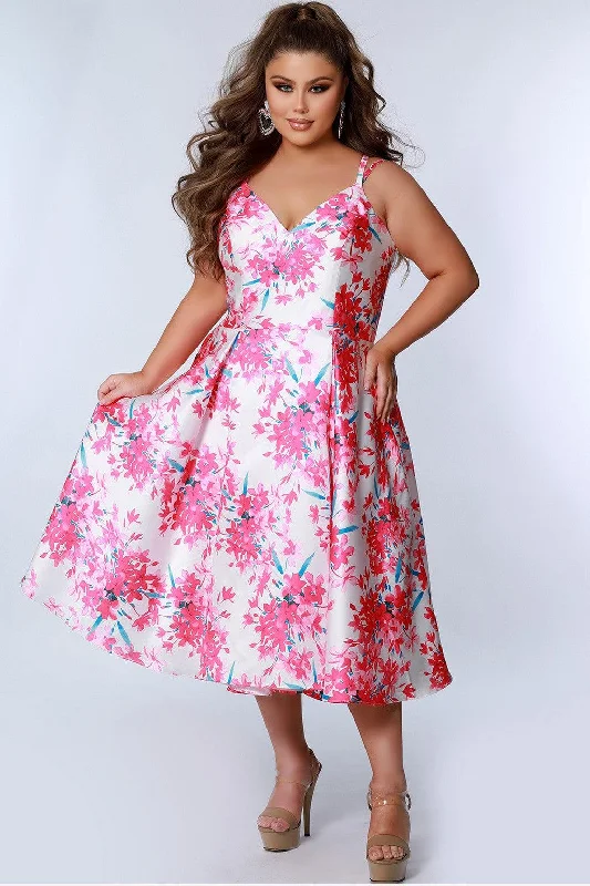 women sexy dresses with feather - adorned collarsSydneys Closet CE2209 Plus Size Floral Tea Length Dress