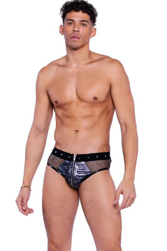 Women's nylon - reinforced briefs for durabilityShimmer Camouflage & Fishnet Zip-Up Briefs with Stud Detail