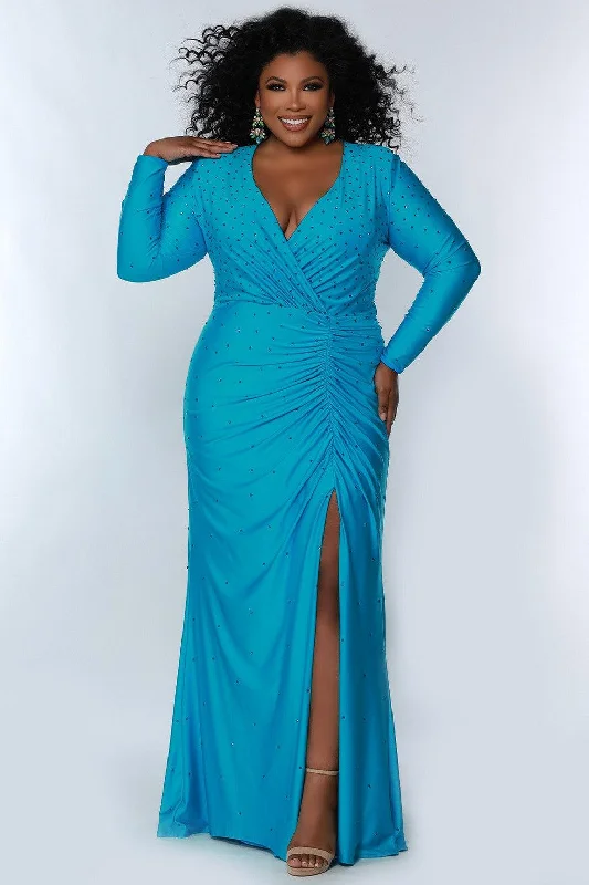 women sexy dresses with open - side detailsSydneys Closet SC7345 Long Sleeve Plus Size Prom Dress