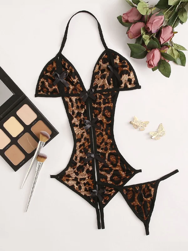 seamless bamboo - fiber women thongs for a healthy optionWild Leopard Halter Crotchless Teddy Bodysuit & Thong