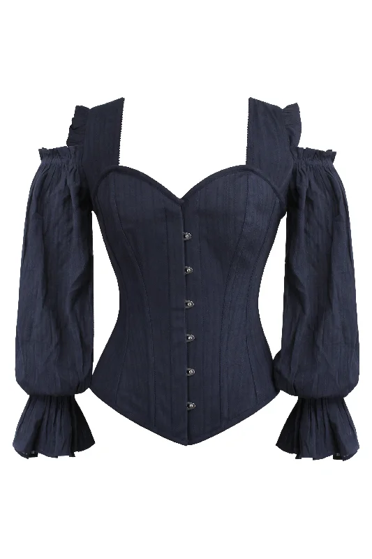 affordable women bustiers and corsetsLong Sleeve Midnight Blue Corset with Cold Shoulder