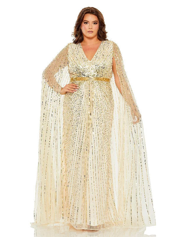 women sexy dresses for Viennese ballsMac Duggal 5804 Long Plus Size Sequined V Neck Cape Sleeve Dress