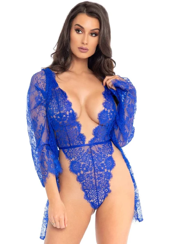 women robes with a color - blocking effect3pc Lace Teddy and Robe Set - Medium -  Royal Blue