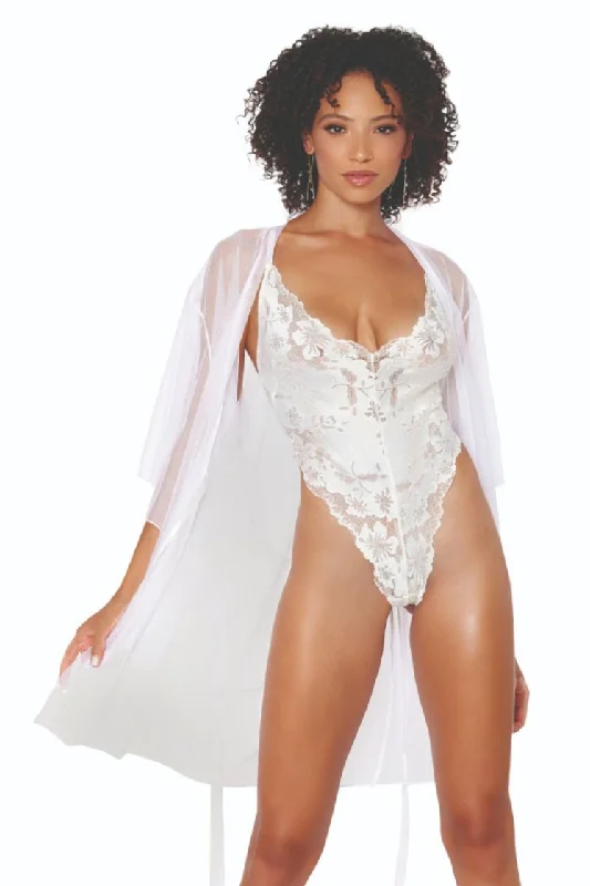 women robes with a color - blocking effectFlirty Mesh Robe & Lace Teddy Set