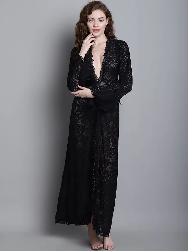 women robes for a hotel stay convenienceFully Intricate Lacy Robe -  Black