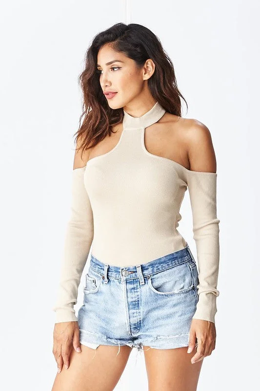 Neon Bodysuits to Stand Out at PartiesTHE MYSTYLEMODE TAUPE T NECK COLD SHOULDER  LONG SLEEVE BODYSUIT