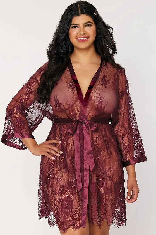 short - length women robes for a more casual lookSatin & Eyelash Lace Robe