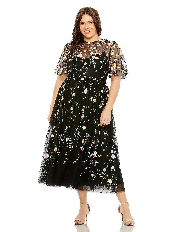 women sexy dresses for burlesque cabaretsMac Duggal 68638 Plus Size Sequin Floral Detail Midi Dress