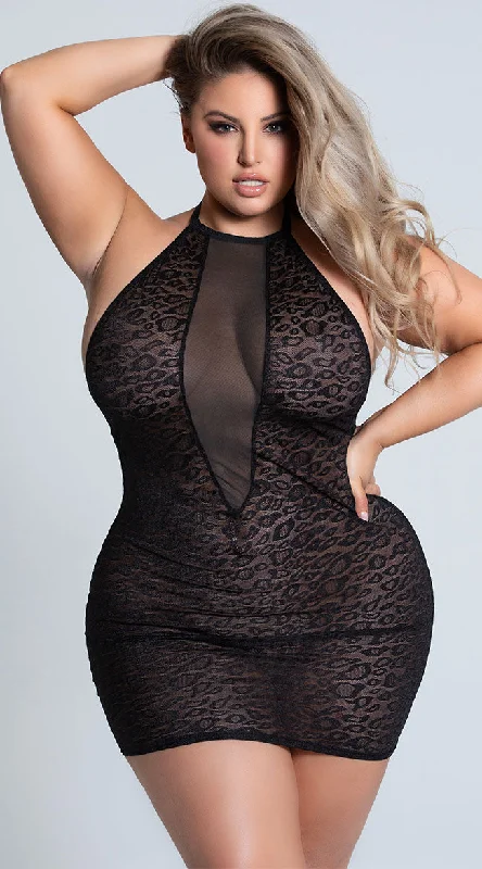 women lounge dress with a machine - washable fabric for easy carePlus Size Black Leopard Halter Chemise