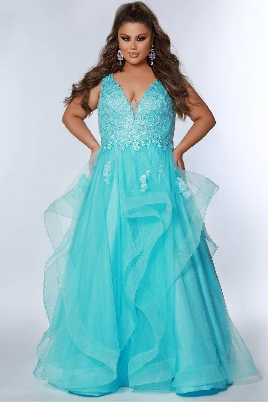 women sexy dresses with ruched bodicesSydneys Closet SC7347 Plus Size Long Sleeveless Prom Ball Gown