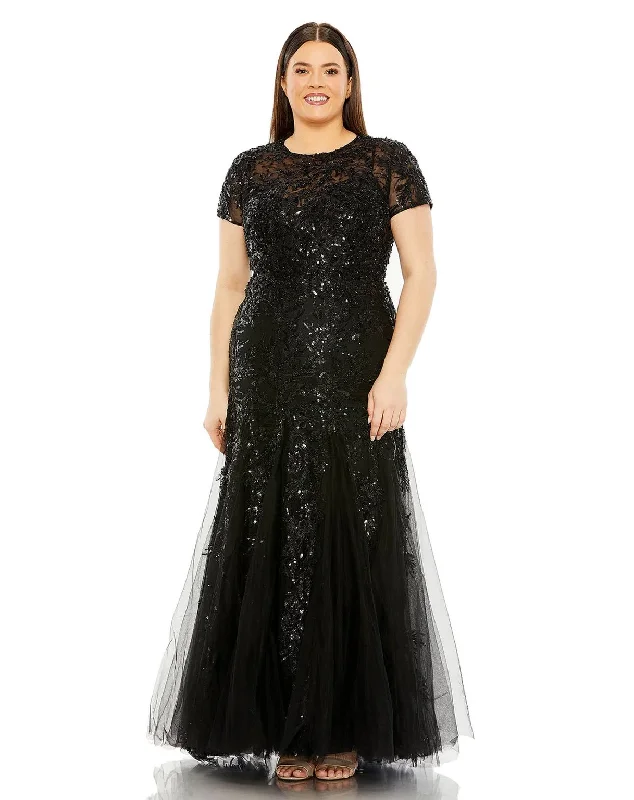 women sexy dresses with bead - embroidered bodicesMac Duggal 20623 Long Plus Size Short Sleeve Formal Dress