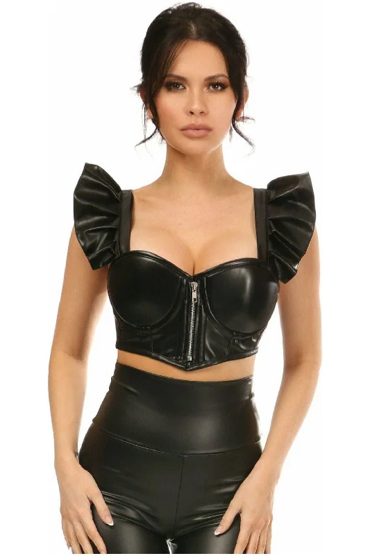 minimalist women bustiers and corsetsLavish Black Faux Leather Underwire Bustier Top w/Removable Ruffle Sleeves