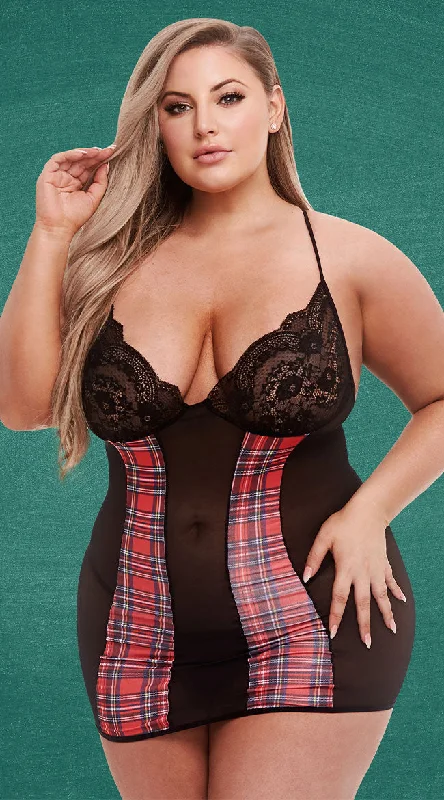 women lounge dress with a sheer panel for a touch of allurePlus Size Playful Plaid Chemise