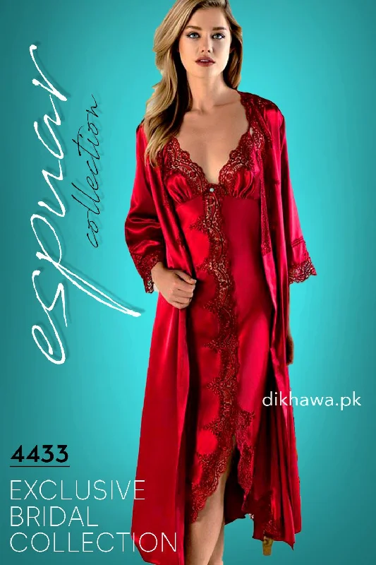 women robes with moisture - wicking fabricEspuar - Exclusive Bridal Wedding Honeymoon 2Pc Long Nighty Set with Robe Maroon 4433 - Turkish Brand