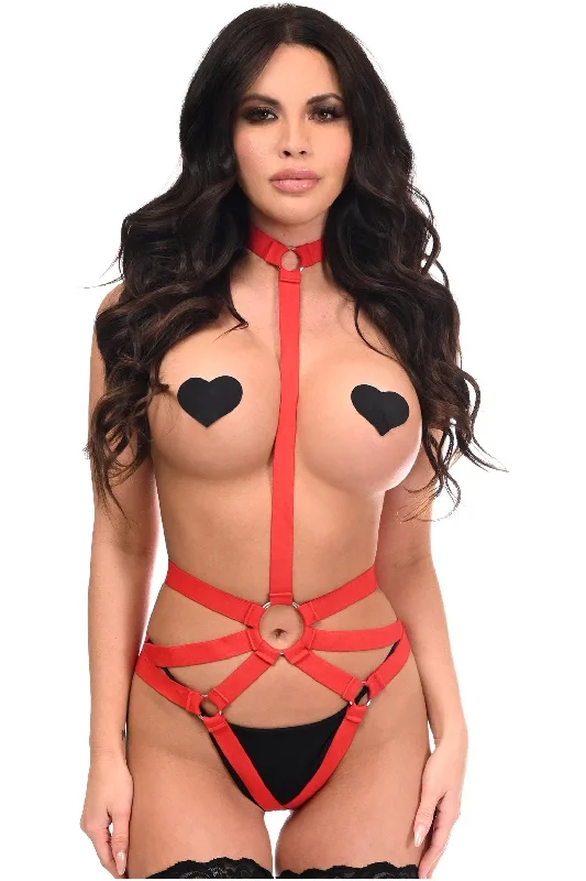 machine made women bustiers and corsetsBOXED Red Stretchy Body Harness Bodysuit w/Silver Hardware