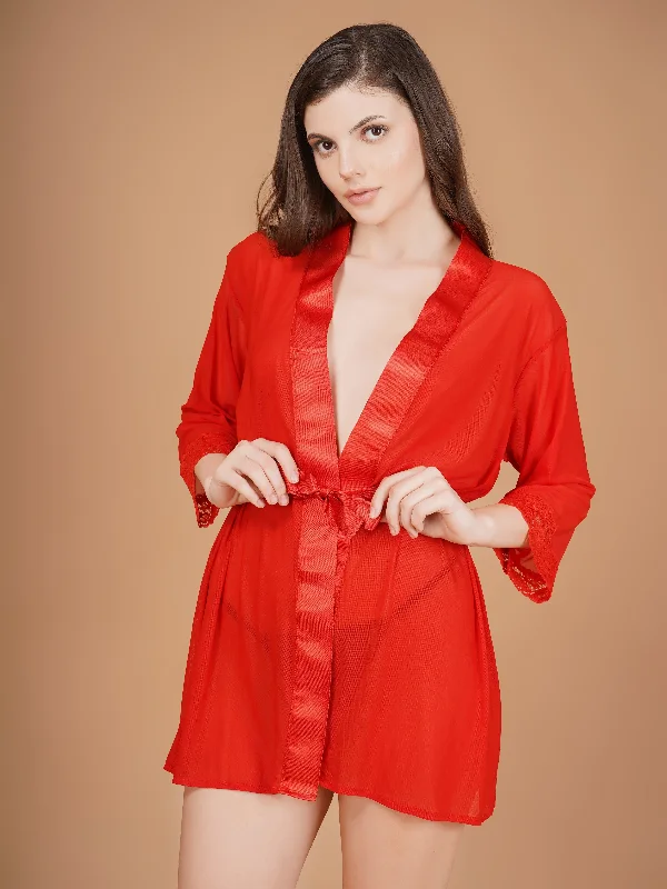 women robes with hoods for added cozinessOverall Net With Satin Lace Robe-Red