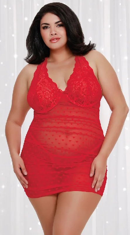 women lounge dress with a ruffled hem for a playful touchPlus Size Heart Strings Chemise Set