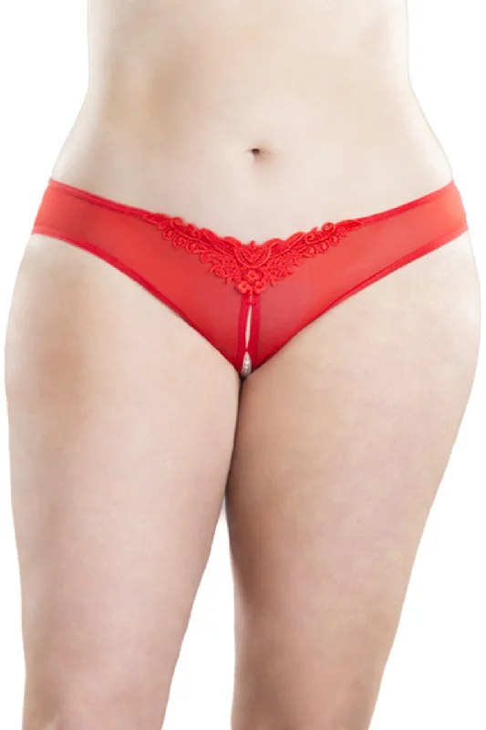 seamless sheer women thongs for a discreet sexy optionCrotchless Thong With Pearls and Venise Detail - Red - 3x4x