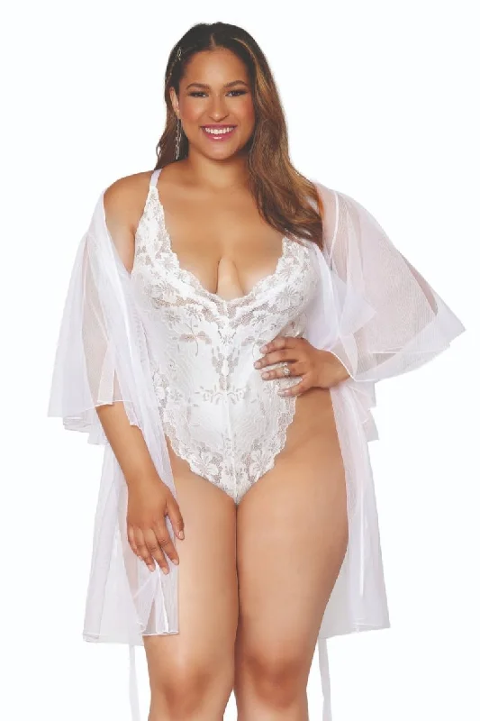 women robes with a vintage - inspired patternVoluptuous Lace Teddy with Sheer Mesh Robe