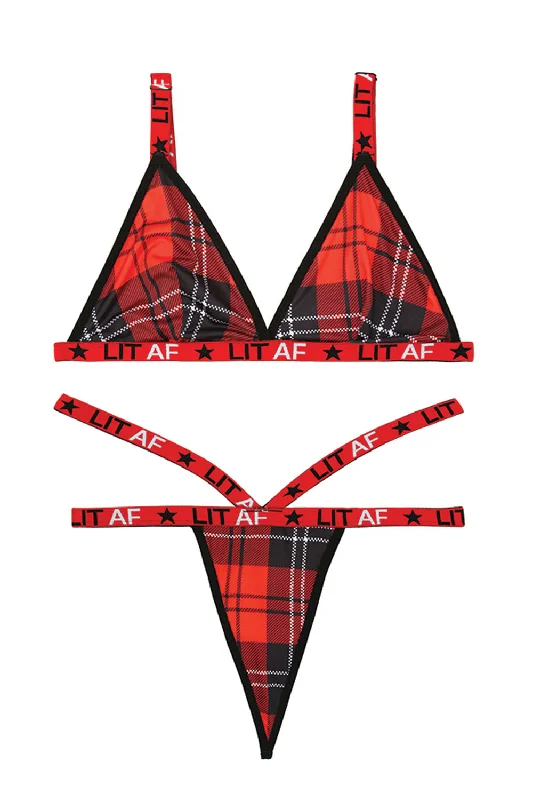 seamless breathable women thongs for a gentle and comfortable fitLit Af Bralette and Thong Set - Red Plaid - M/l