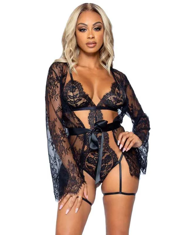 women robes with pockets for convenienceAll Romance Lace Teddy and Robe Set - Large -  Black