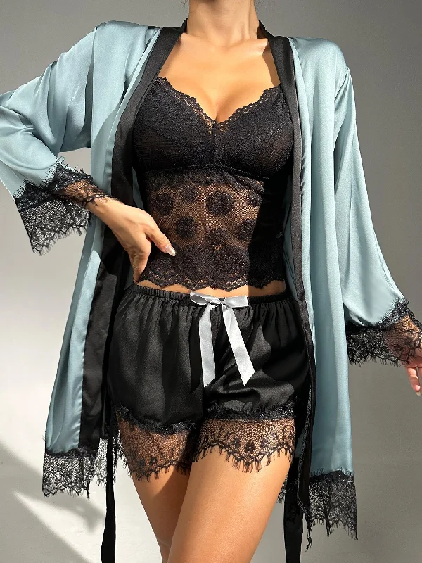 wrap - around women robes with adjustable beltsSheer Lace Cami With Belted Robe & Shorts Night Set