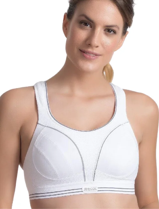 Women's sports bras with a racerback designShock Absorber Ultimate Run Bra, White | White Non Wired Sports Bras