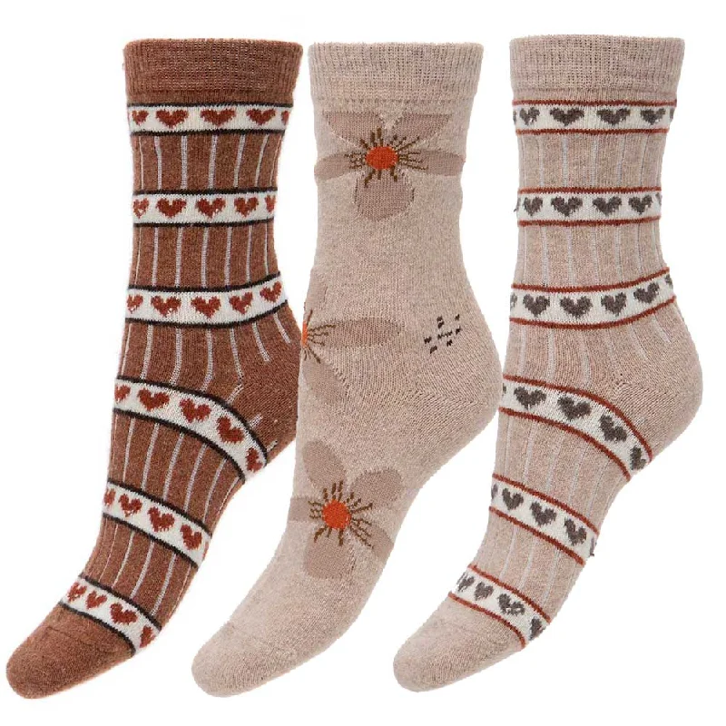 Women's no - show socks with a floral motif3 pairs of fawn, pink and brown fine knit socks