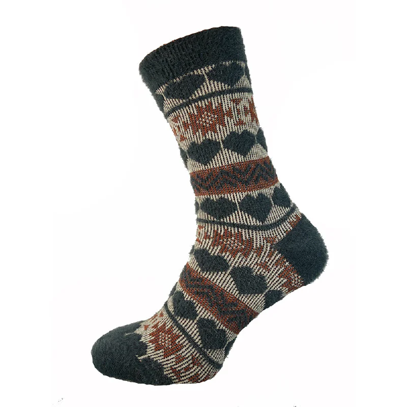 Women's thermal socks for cold weatherBlack, Red and Cream, heart patterned wool blend socks