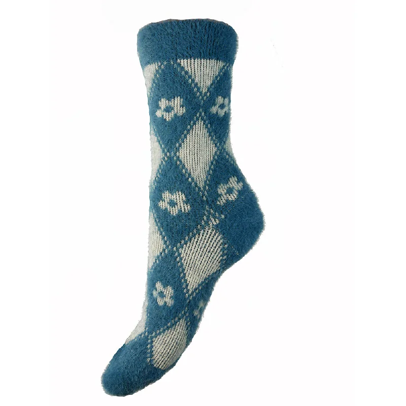 Women's ribbed knee - high socks for a classic lookBlue and Cream Flower patterned Wool Blend Socks