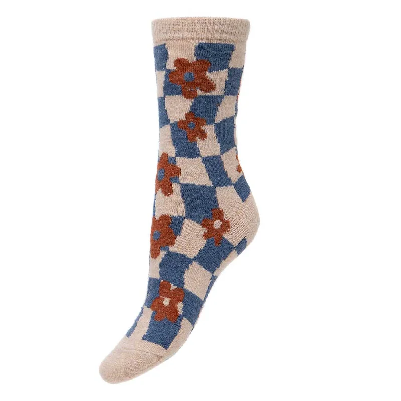 Women's adjustable - fit socks for a customized feelBlue and cream check wool blend socks with flowers