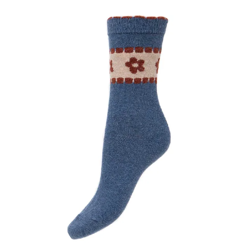 Women's spandex - infused socks for stretchBlue wool blend socks with floral band