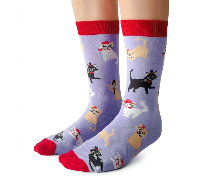 Women's cotton blend socks for breathability"Cats in Hats" Cotton Crew Socks by Uptown Sox - Medium