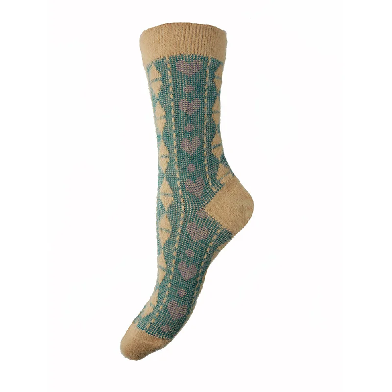 Women's thigh - high socks in a fishnet patternCream and Green heart patterned Wool Blend Socks