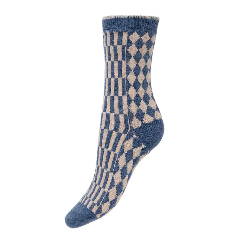 Women's ankle socks with a frilly edgeBlue and cream wool blend geometric patterned socks