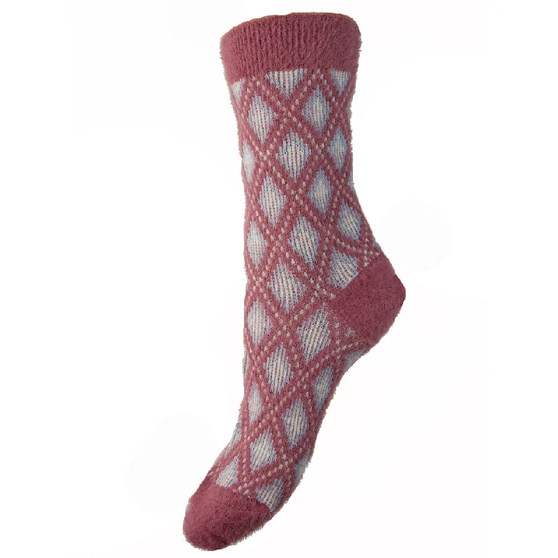 Women's thigh - high socks in a fishnet patternPink, Blue and Cream diamond pattern Wool Blend Socks