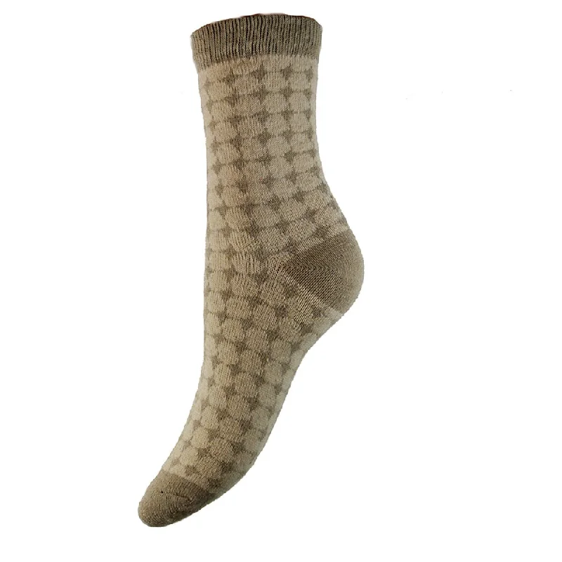 Women's over - the - calf socks with a stripe designCream soft wool blend socks with fawn diamond pattern