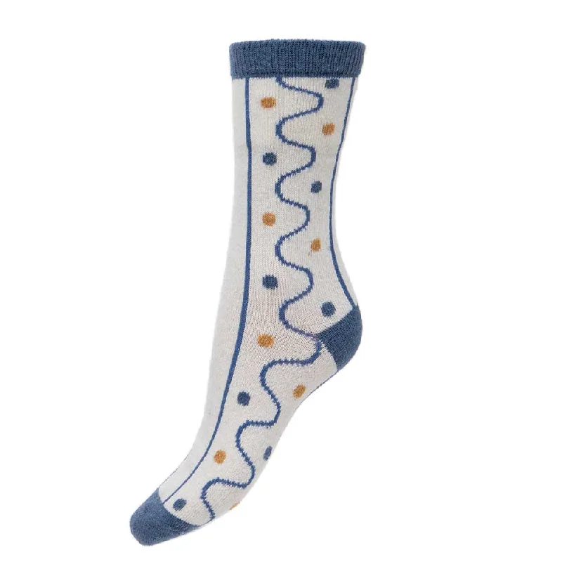 Women's bamboo fiber socks for eco - friendlinessCream wool blend socks with blue lines and dots