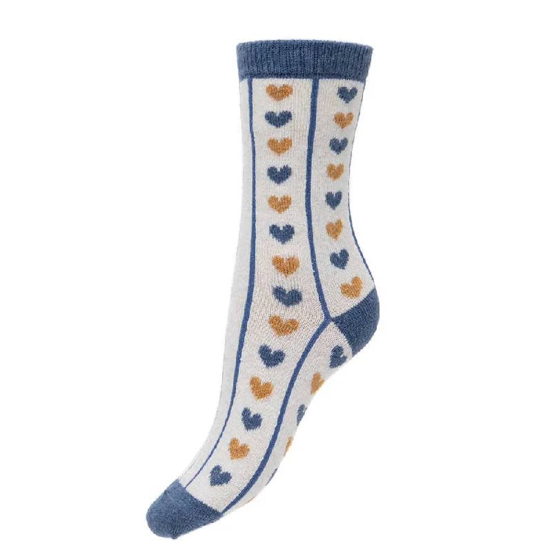 Women's no - show socks with a floral motifCream wool blend socks with blue lines and hearts