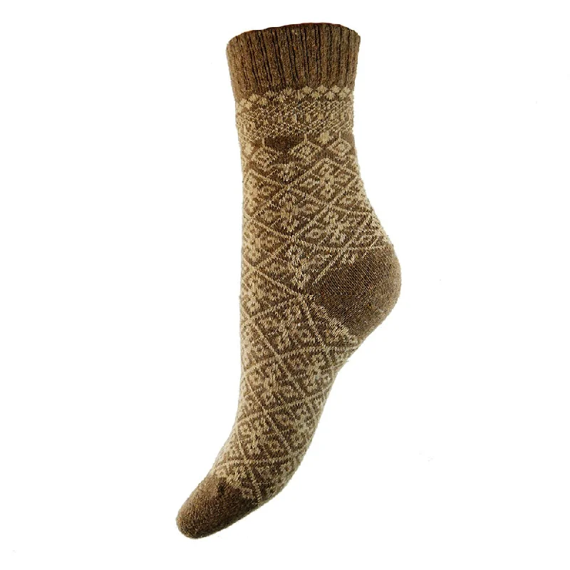 Women's no - show socks with a floral motifLight brown soft wool blend socks with cream pattern