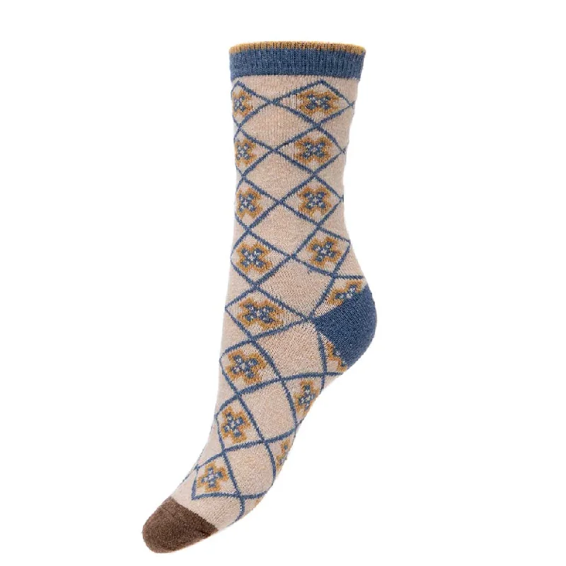 Women's anti - odor socks for long - day freshnessFawn wool blend socks with blue criss cross and cross pattern