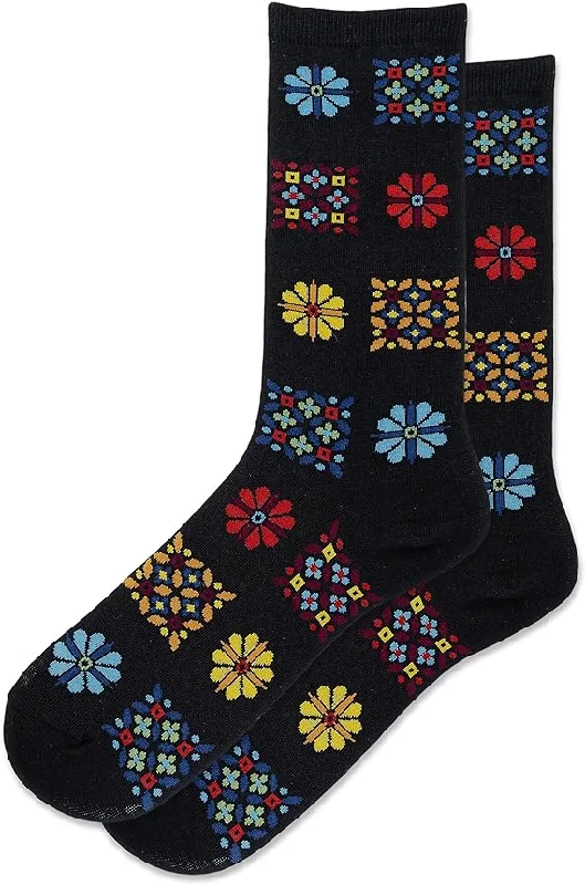 Women's thigh - high socks in a fishnet pattern"Floral Geo" Cotton Crew Socks by Hot Sox - Medium