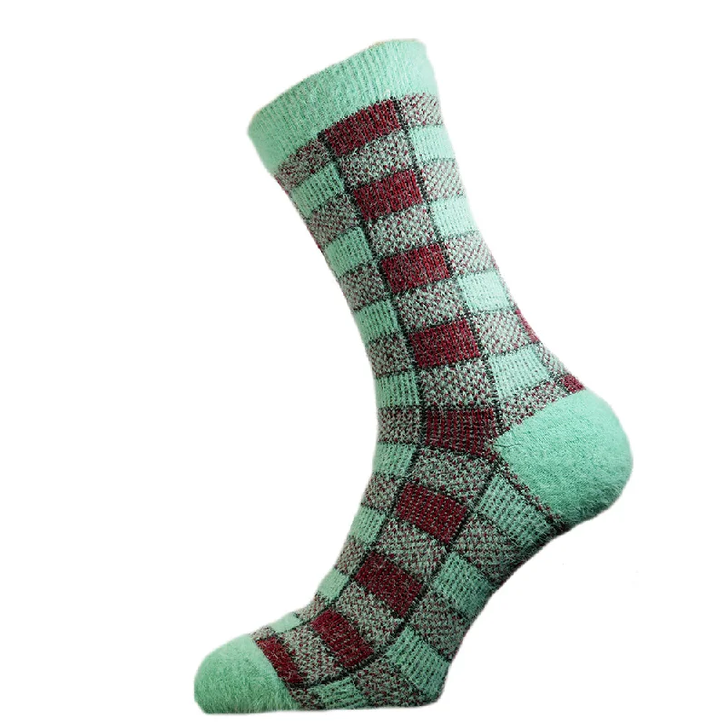 Women's no - show socks with a floral motifGreen and red check wool blend socks